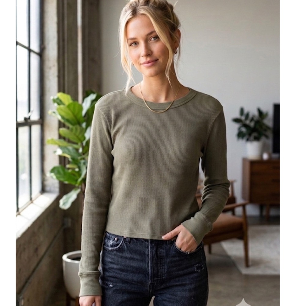 RE/DONE Womens Thermal Long Sleeve Waffle Knit Top Vintage Green Cotton Small